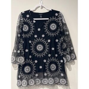 Alfani Womens Black White Embroidered Mesh Tunic Top 3/4 Bell Sleeve Size M Boho